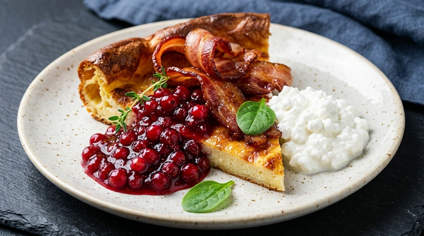Ugnspannkaka med stekt fläsk och lingon – Svensk klassiker för hela familjen - traditionellt Svensk Middag recept, perfekt till vardagsmiddag